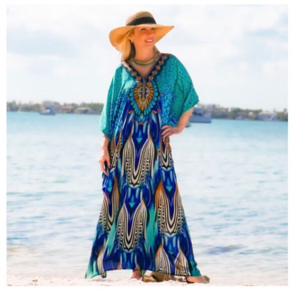 Midnight Velvet Maxi Kaftan Dress in Falling Feathers Blue Multi One Size - Picture 1 of 10